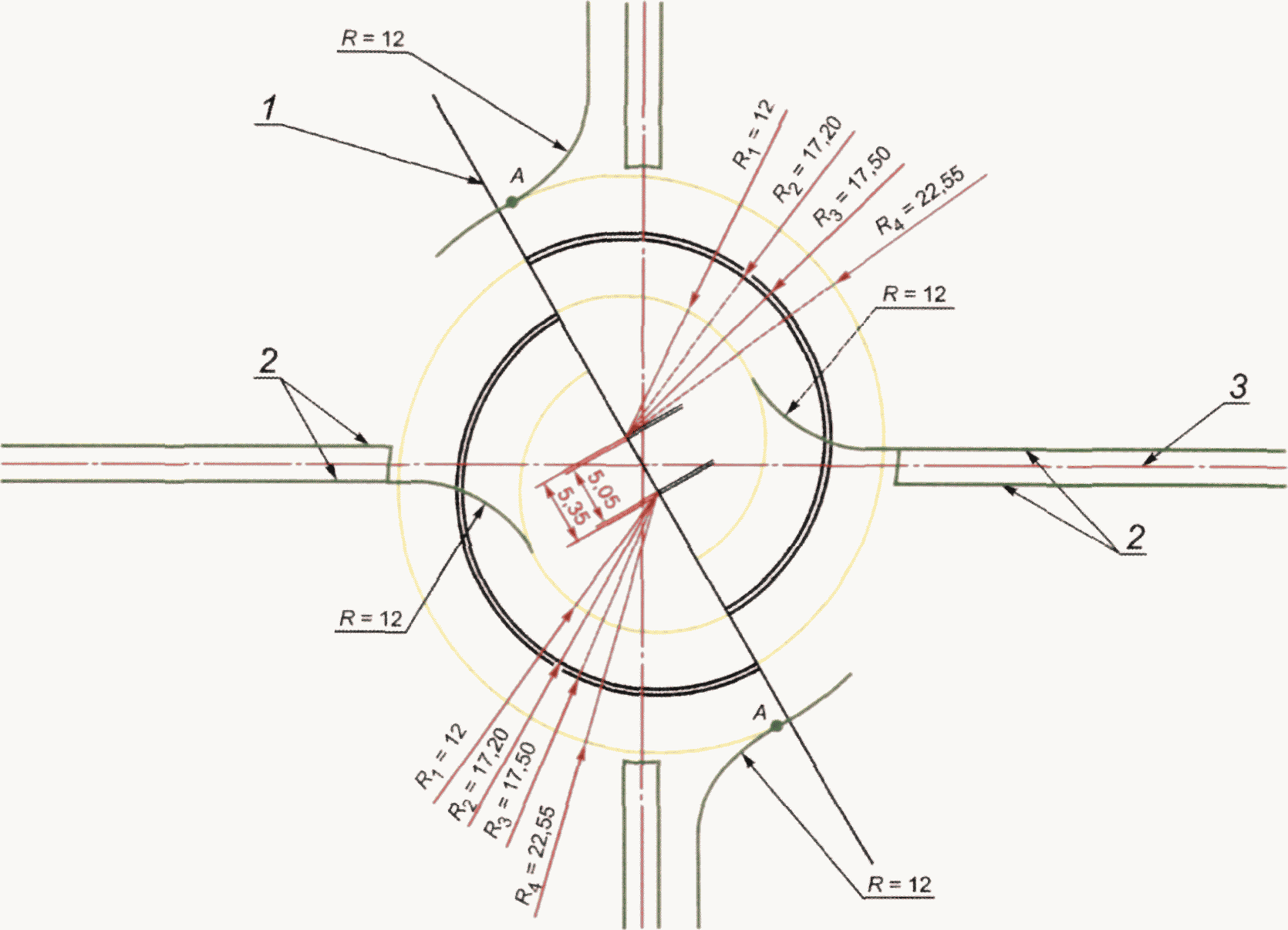 Пересечение радиусов. Диаметр кольцевого пересечения. Точки пересечения перекрестка с круговым. Ось дороги на кольцевом перекрестке. Кольцевое пересечение железнодорожных путей схема.