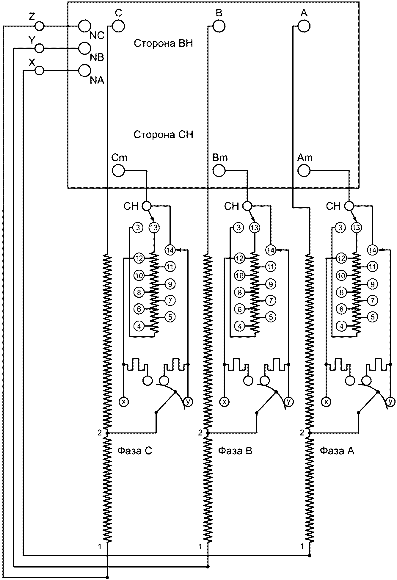 Схема соединения обмоток автотрансформатора