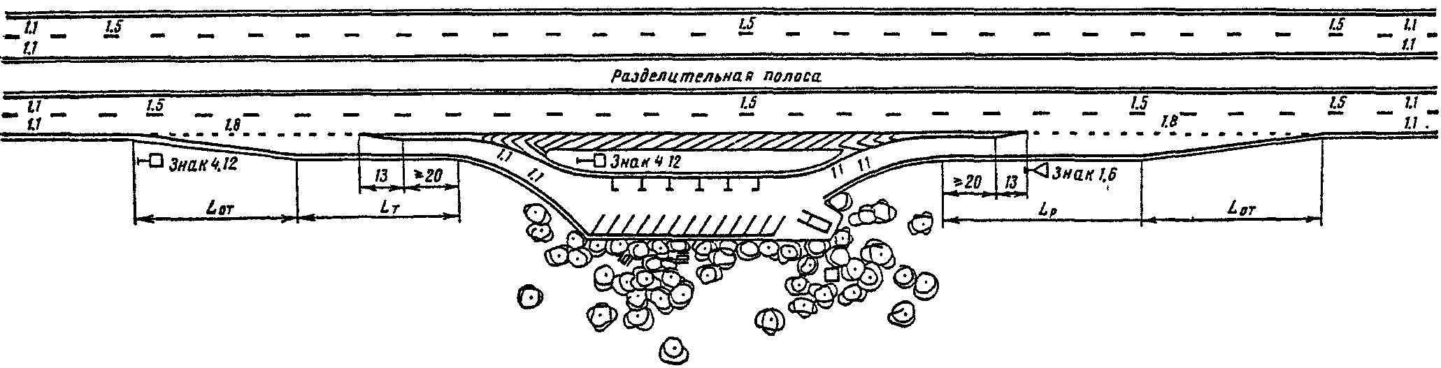 Схема заездного кармана для автобусов с размерами