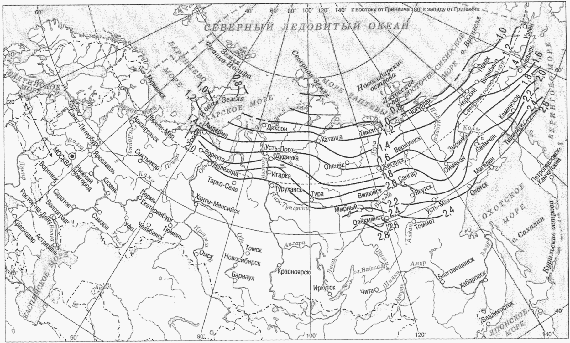 Карта изолиний глубины промерзания грунтов