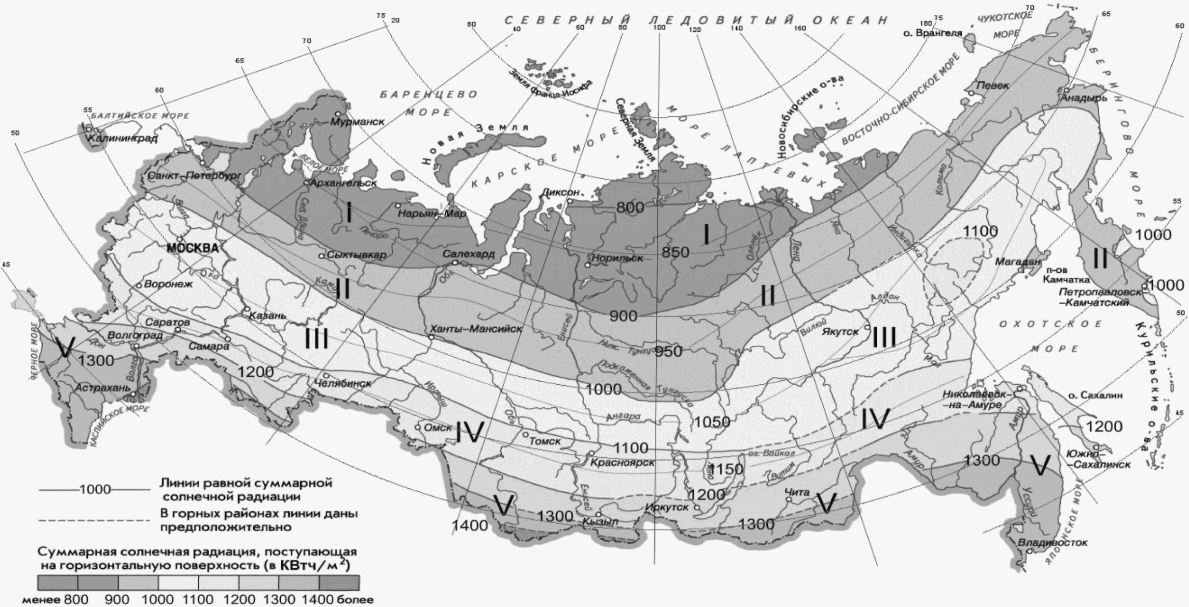 Карта суммарной солнечной радиации россии